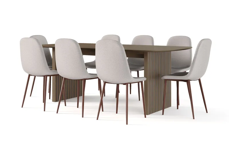 Richeto Spisebord Røkt Eik 210 cm valnøtt + 8 stk Nibe stol beige med valnøttben, Brun/Beige
