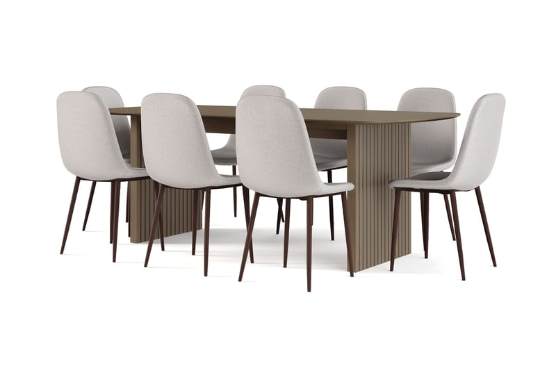 Richeto Spisebord Røkt Eik 210 cm valnøtt + 8 stk Nibe stol grå med valnøttben, Brun/Grå