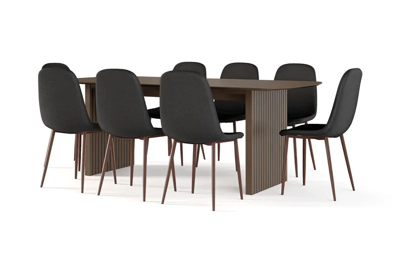 Richeto Spisebord Røkt Eik 210 cm valnøtt + 8 stk Nibe stol svart med valnøttben, Brun/Svart