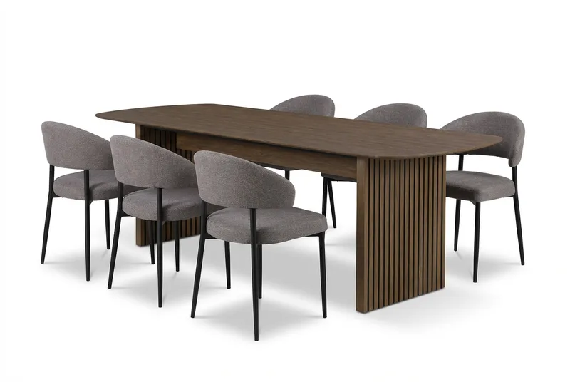 Richeto Spisebord Røkt Eik 240 cm med 6 Sawako Greige Stoler, Røyket Eik/Greige