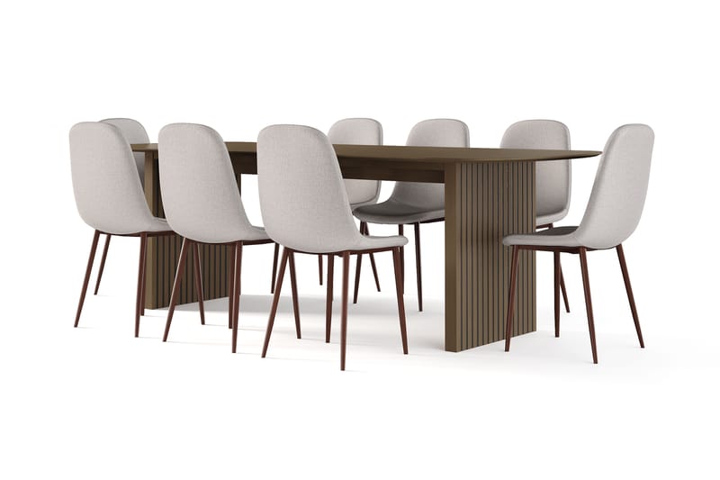 Richeto Spisebord Røkt Eik 240 cm valnøtt + 8 stk Nibe stol beige med valnøttben, Brun/Beige