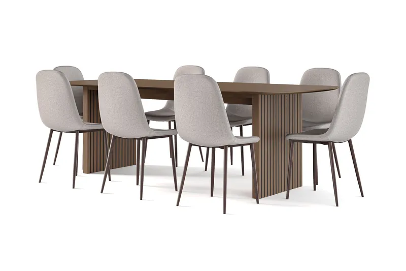 Richeto Spisebord Røkt Eik 240 cm valnøtt + 8 stk Nibe stol grå med valnøttben - Brun/Grå - Møbler - Bord - Spisegrupper