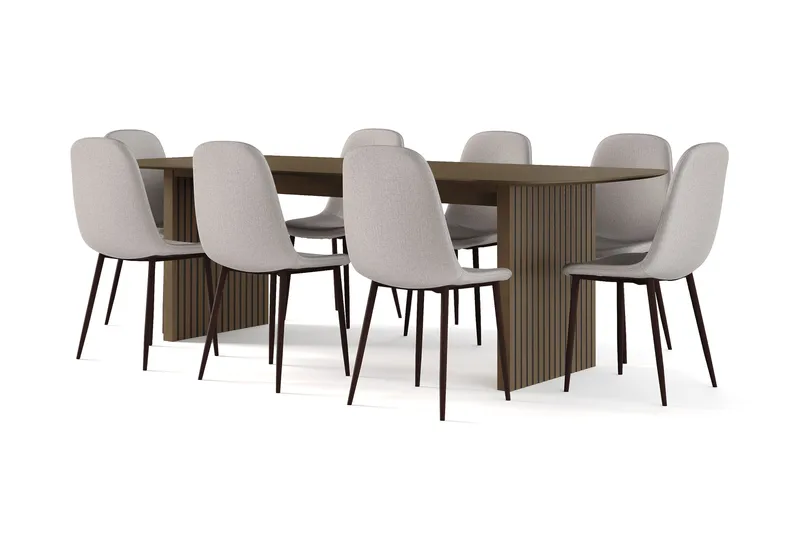 Richeto Spisebord Røkt Eik 240 cm valnøtt + 8 stk Nibe stol grå med valnøttben - Brun/Grå - Møbler - Bord - Spisegrupper