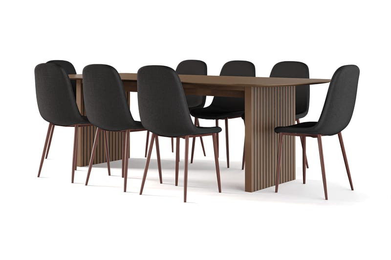 Richeto Spisebord Røkt Eik 240 cm valnøtt + 8 stk Nibe stol svart med valnøttben - Brun/Svart - Møbler - Bord - Spisegrupper