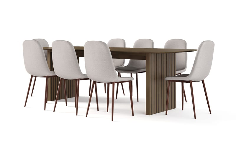 Richeto spisebord røkt eik 240 cm valnøtt + 8 stk. Nibe stol beige med valnøttben - Brun/Beige - Møbler - Bord - Spisegrupper