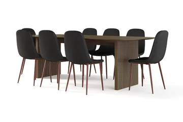 Richeto spisebord røkt eik 240 cm valnøtt + 8 stk. Nibe stol svart med valnøttben - Brun/Svart - Møbler - Bord - Spisegrupper