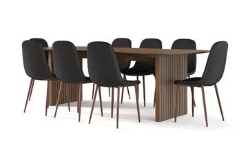 Richeto spisebord røkt eik 240 cm valnøtt + 8 stk. Nibe stol svart med valnøttben - Brun/Svart - Møbler - Bord - Spisegrupper