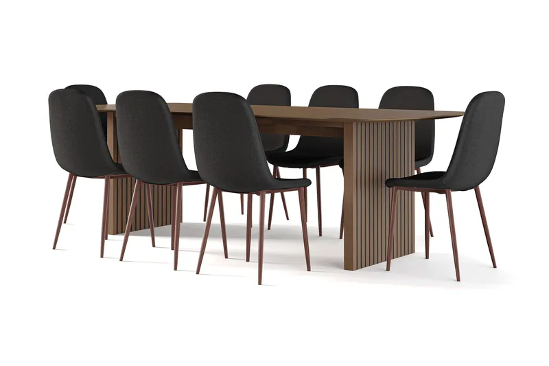 Richeto spisebord røkt eik 240 cm valnøtt + 8 stk. Nibe stol svart med valnøttben - Brun/Svart - Møbler - Bord - Spisegrupper