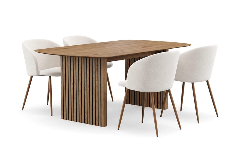 Richeto spisegruppe 180 cm med 4 Greya spisestoler med armlener - Naturlig finish / hvit bouclé - Møbler - Bord - Spisegrupper