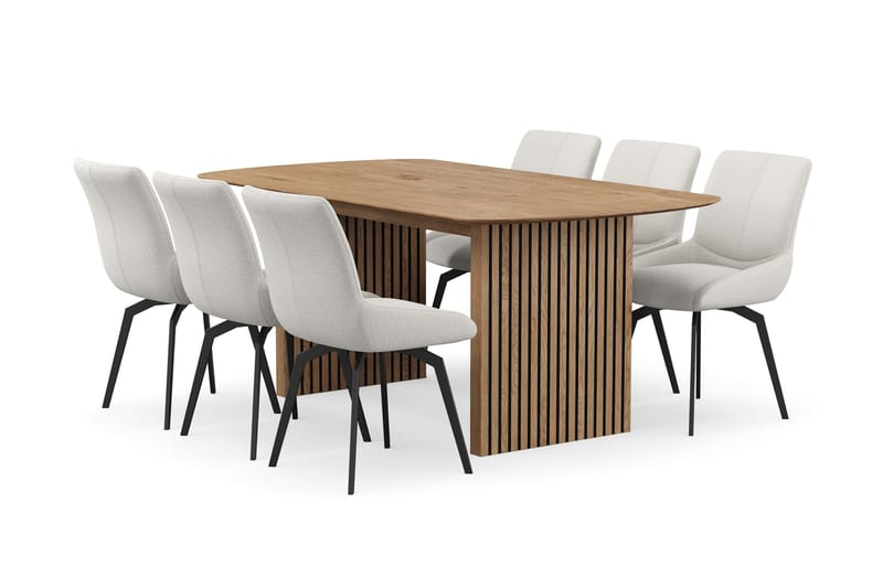 Richeto spisegruppe 180 cm med 6 Mora snurrestoler, Naturlig finish/lysbeige