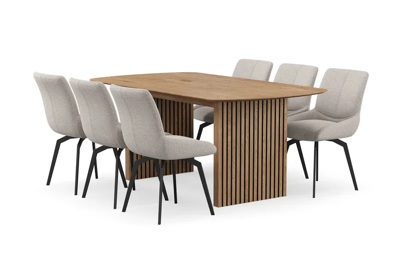 Richeto Spisegruppe 180 cm med 6 Mora Snurrestoler, Naturlig finish/Mørk beige