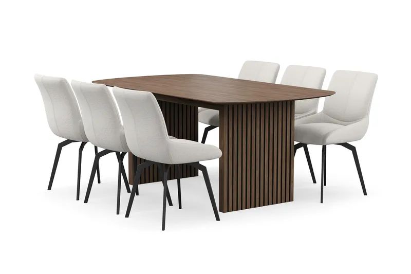 Richeto spisegruppe 180 cm med 6 Mora snurrestoler, Røkt eik/lysbeige