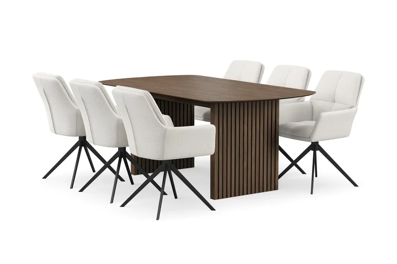 Richeto spisegruppe 180 cm med 6 Torsby snurrestoler, Røkt eik/lysbeige