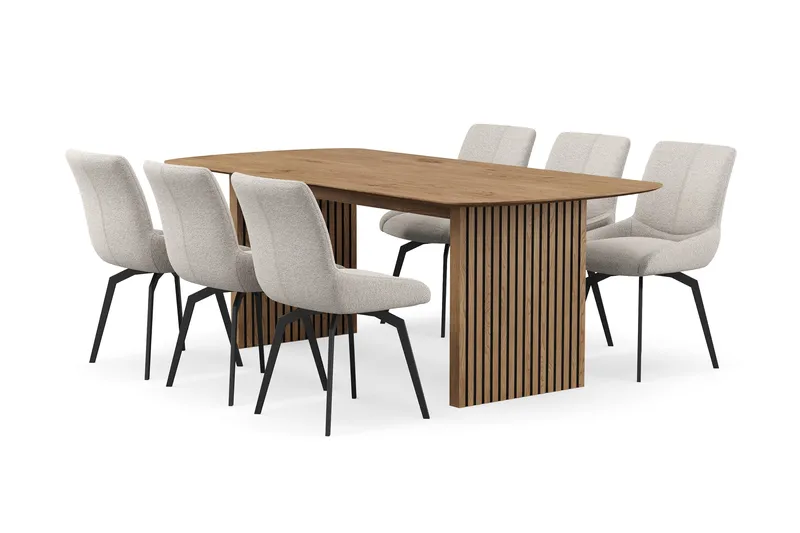 Richeto spisegruppe 210 cm med 6 Mora snurrestoler, Eik