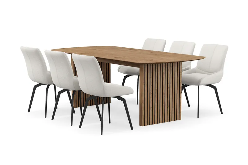 Richeto Spisegruppe 210 cm med 6 Mora Snurrestoler, Naturlig finish/Lys beige