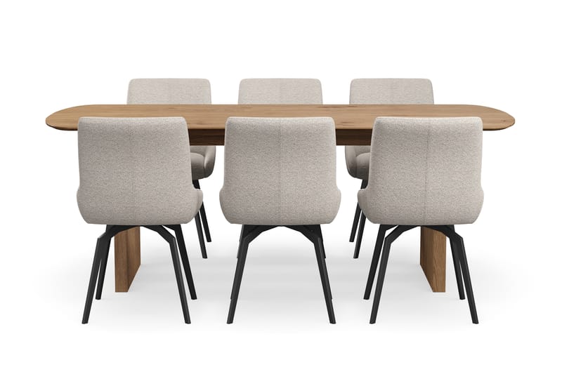 Richeto Spisegruppe 210 cm med 6 Mora Snurrestoler - Naturlig finish/Mørk beige - Møbler - Bord - Spisegrupper