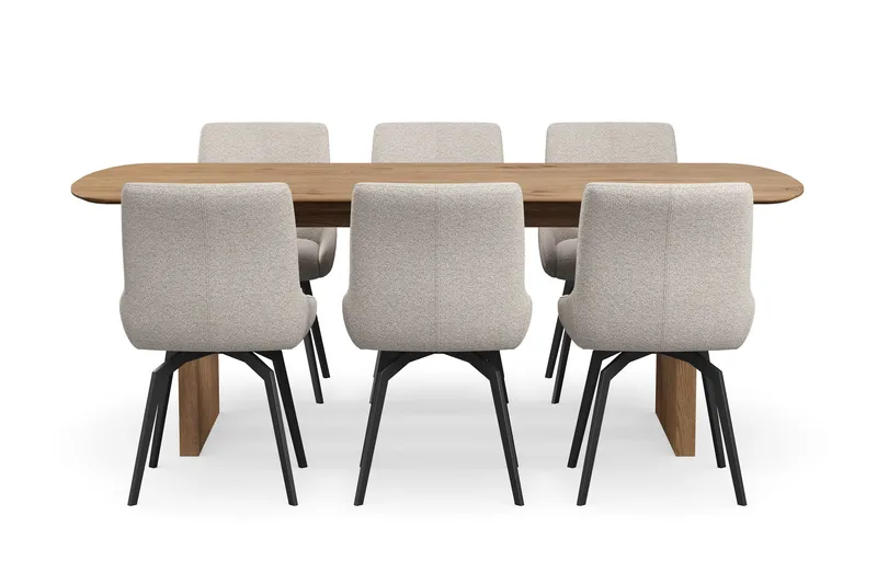 Richeto Spisegruppe 210 cm med 6 Mora Snurrestoler - Naturlig finish/Mørk beige - Møbler - Bord - Spisegrupper