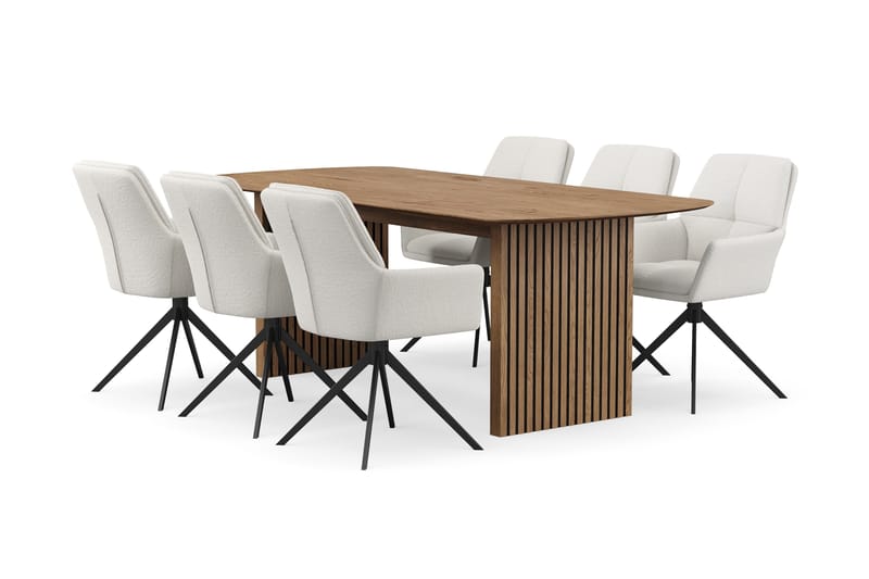 Richeto Spisegruppe 210 cm med 6 Torsby Snurrestoler, Naturlig finish/Lys beige