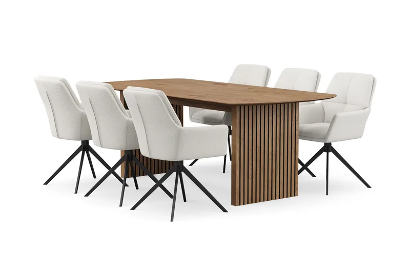 Richeto spisegruppe 210 cm med 6 Torsby snurrestoler, Naturlig finish/lysbeige