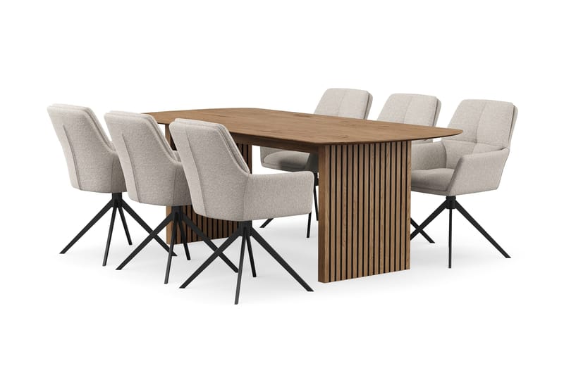 Richeto spisegruppe 210 cm med 6 Torsby snurrestoler - Naturlig finish/mørkbeige - Møbler - Bord - Spisegrupper