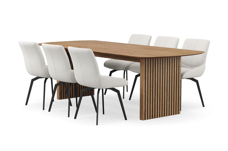 Richeto spisegruppe 240 cm med 6 Mora snurrestoler, Naturlig finish/lysbeige