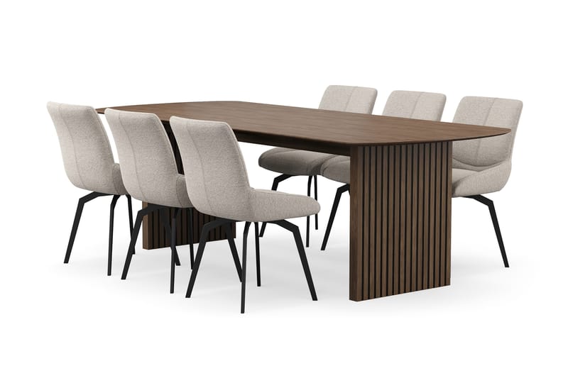 Richeto Spisegruppe 240 cm med 6 Mora Snurrestoler, Røkt eik/Mørk beige