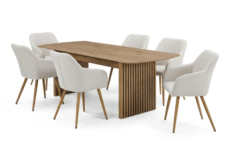 Richeto Spisegruppe Eik 210 cm med 6 Filippa spisestoler, Eik/Hvit