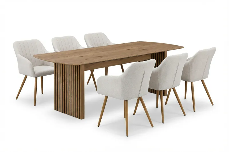 Richeto Spisegruppe Eik 240 cm med 6 Filippa spisestoler, Eik/Hvit