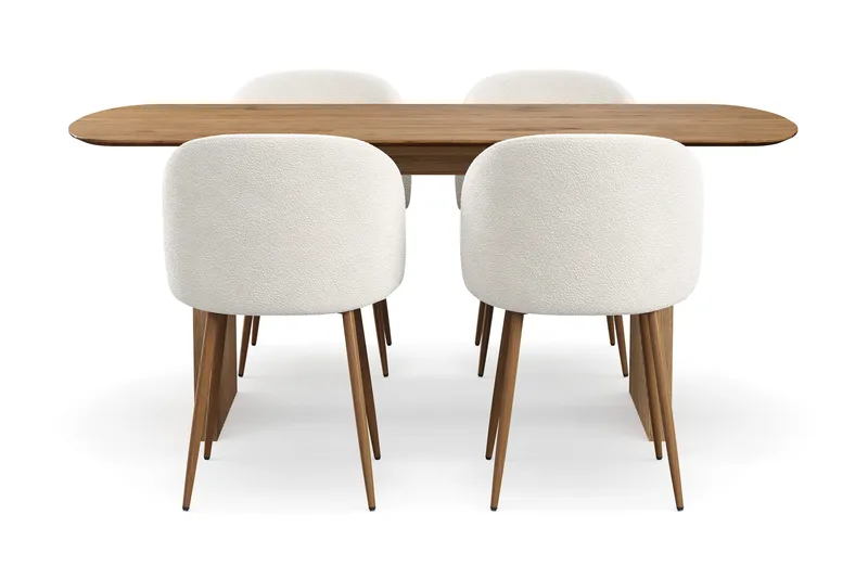 Richeto Spisegruppe med 4 Greya Spisestoler med Armlener, Naturlig Finish/Hvit Bouclé