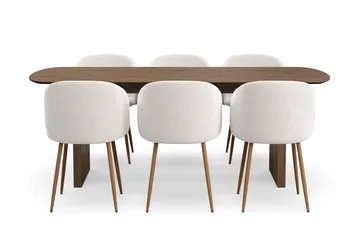 Richeto spisegruppe med 6 Greya spisestoler med armlener - Naturlig finish / hvit bouclé - Møbler - Bord - Spisegrupper