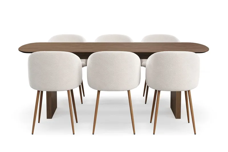 Richeto spisegruppe med 6 Greya spisestoler med armlener, Naturlig finish / hvit bouclé