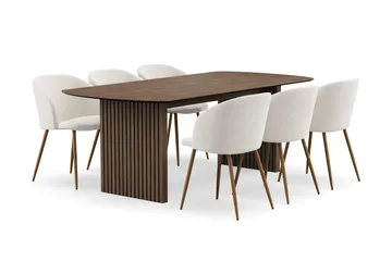 Richeto spisegruppe med 6 Greya spisestoler med armlener - Naturlig finish / hvit bouclé - Møbler - Bord - Spisegrupper