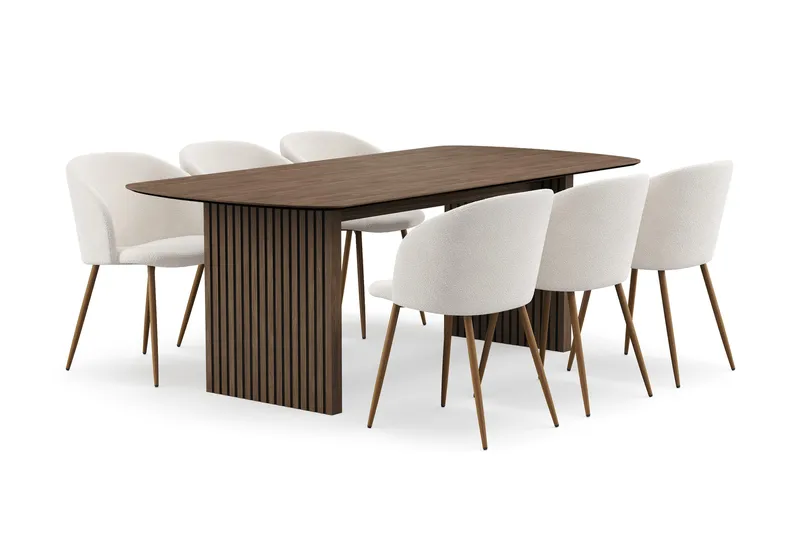 Richeto spisegruppe med 6 Greya spisestoler med armlener - Naturlig finish / hvit bouclé - Møbler - Bord - Spisegrupper