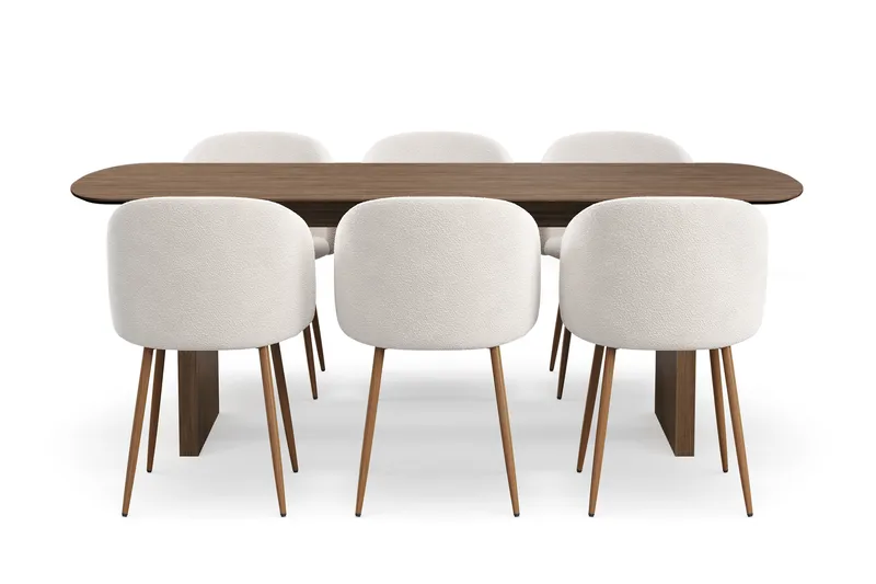 Richeto Spisegruppe med 6 Greya Spisestoler med Armlener, Naturlig Finish/Hvit Bouclé