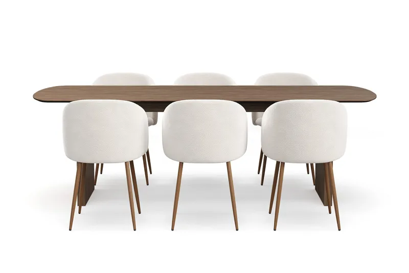 Richeto Spisegruppe med 6 Greya Spisestoler med Armlener, Røkt Eik/Hvit Bouclé