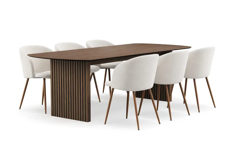 Richeto Spisegruppe med 6 Greya Spisestoler med Armlener - Røkt Eik/Hvit Bouclé - Møbler - Bord - Spisegrupper
