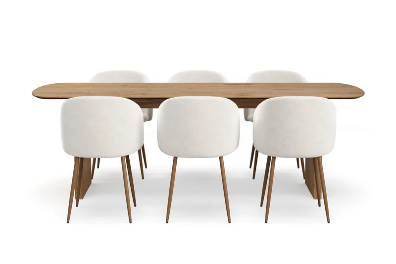 Richeto Spisegruppe med 6 Greya Spisestoler med Armlener, Røkt Eik/Hvit Bouclé