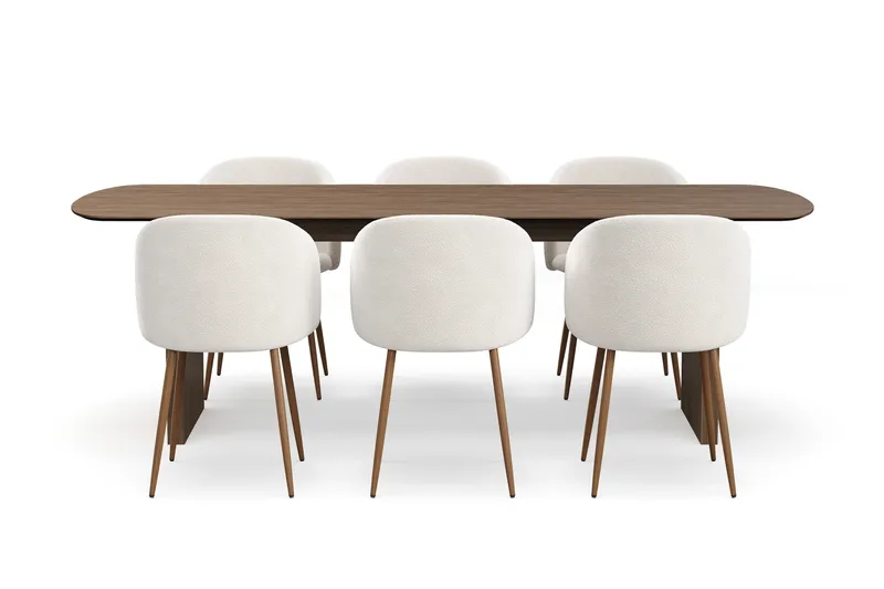 Richeto Spisegruppe med 6 Greya Spisestoler med Armlener, Røkt Eik/Hvit Bouclé