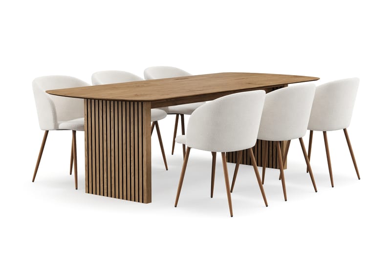 Richeto Spisegruppe med 6 Greya Spisestoler med Armlener - Røkt Eik/Hvit Bouclé - Møbler - Bord - Spisegrupper
