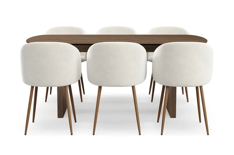 Richeto Spisegruppe med 6 Greya Spisestoler med Armlener, Røkt Eik/Hvit Bouclé