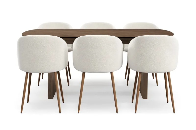 Richeto Spisegruppe med 6 Greya Spisestoler med Armlener, Røkt Eik/Hvit Bouclé