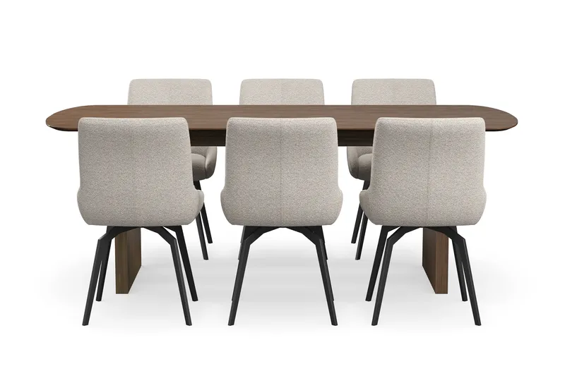 Richeto Spisegruppe Røkt Eik 210 cm med 6 Mora Snurrestoler - Røkt eik/Mørk beige - Møbler - Bord - Spisegrupper