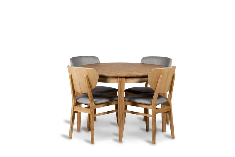 Rönne Uttrekkbar Spisegruppe 110-150 cm Rund med 4 Borgholm-stoler i massivt tre, Brun/Natur