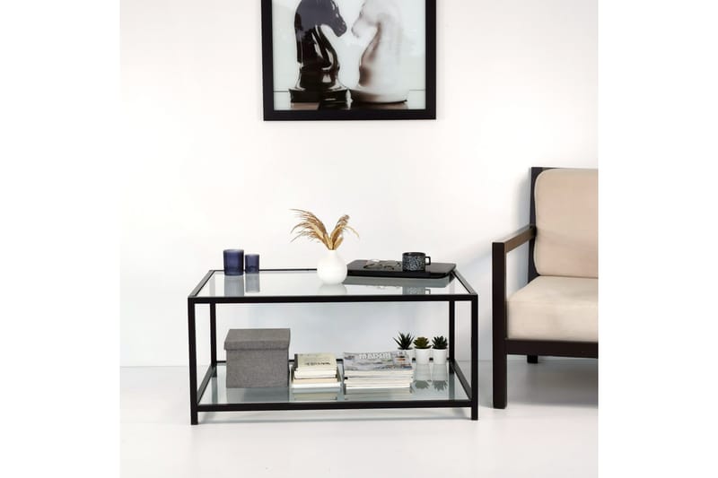 Sabani Sofabord 90 cm med Oppbevaring Hylle - Glass/Svart - Sofabord
