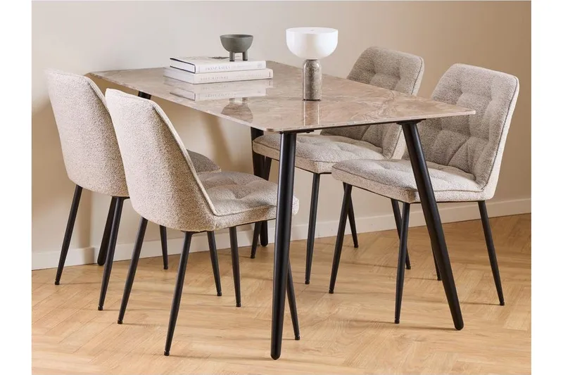 Sanjoan spisegruppe 140 cm + 4 stk. Zabinka-spisestoler, Grå/Beige/Svart