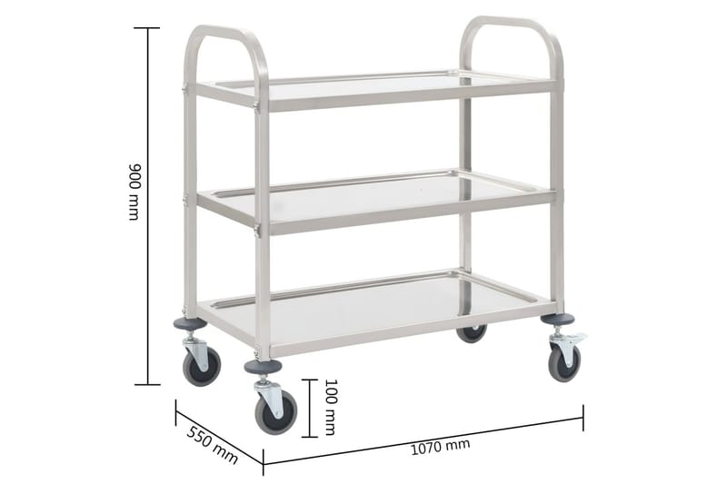 Kjøkkentralle 3 etasjer 107x55x90 cm rustfritt stål - Møbler - Bord - Serveringsvogn - Kjøkkenvogn & kjøkkentralle