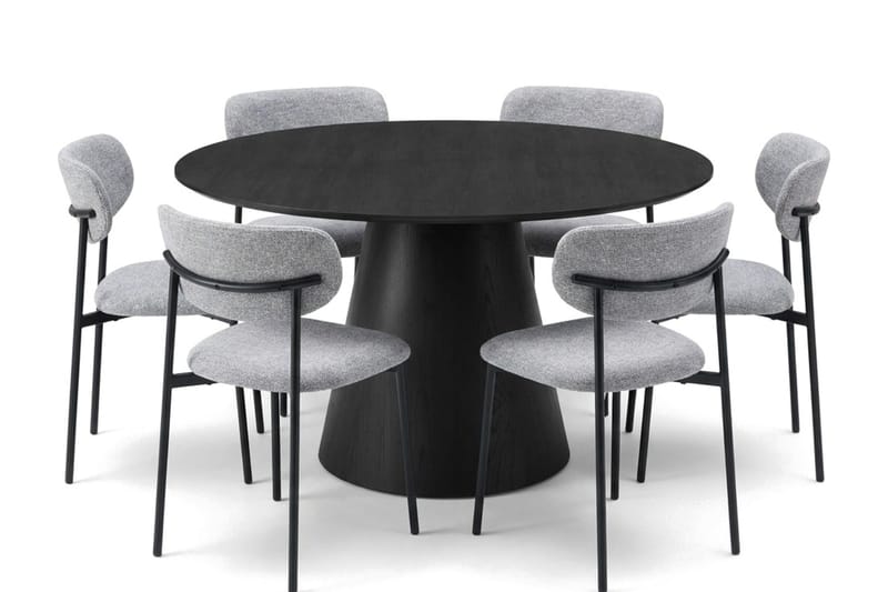 Siena rund spisegruppe 130 cm med 6 Lucy spisestoler, Svartbeiset eik
