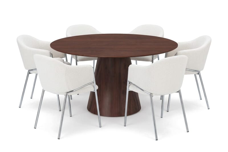 Siena spisegruppe, rund 150 cm, med 6 Filip spisestoler, Valnøtt