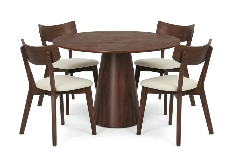 Siena spisegruppe 110 cm rund i valnøtt med 4 Amelia spisestoler med pute, Valnøtt/Beige
