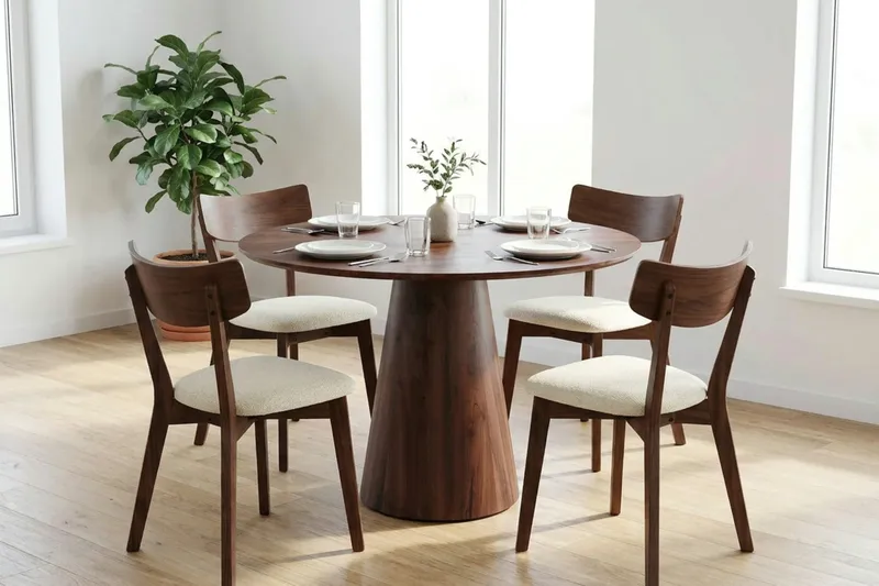 Siena spisegruppe 110 cm rund i valnøtt med 4 Amelia spisestoler med pute - Valnøtt/Beige - Møbler - Bord - Spisegrupper